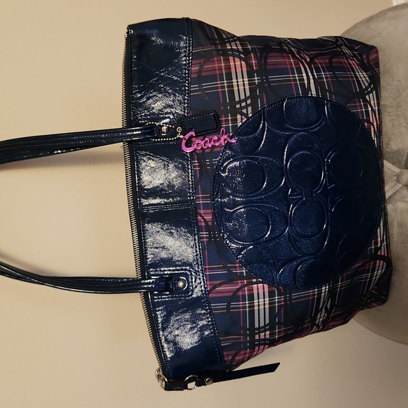 Coach Large Blue Tartan Tote Bag Laura Shoulder Travel Plaid - Picture 4 of 6